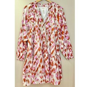 NWT Jessica Simpson Long Sleeve Tiered Patterned Tie Neck Boho Mini Dress